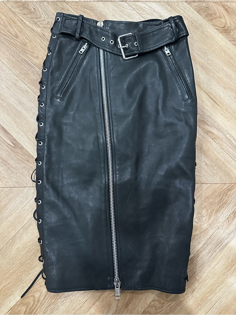 Balenciaga Black Leather Lace-Up Pencil Skirt with Front Zip